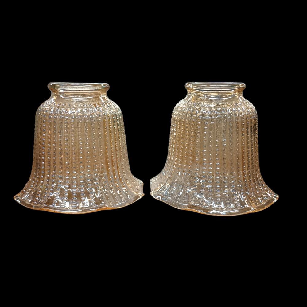 Vintage Beaded Amber Glass Iridescent Lamp Light Shades Fluted Globes Lot of 2